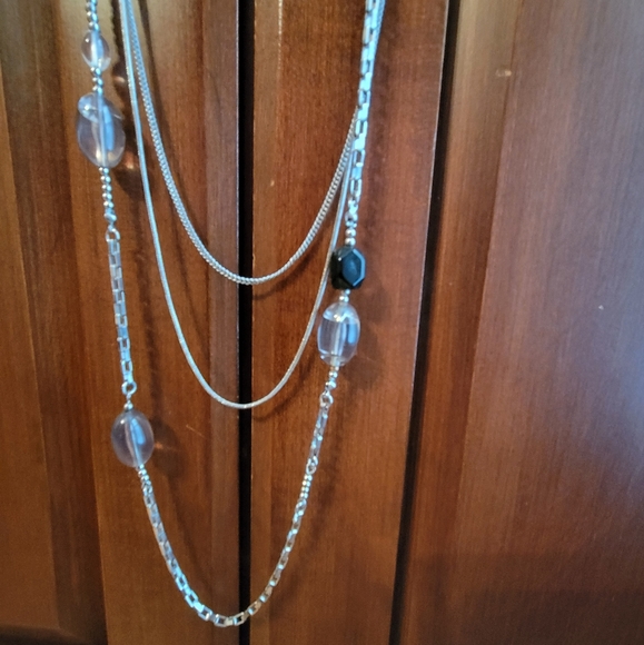 Silver Long Necklace Chain three layers with beads - Picture 2 of 10